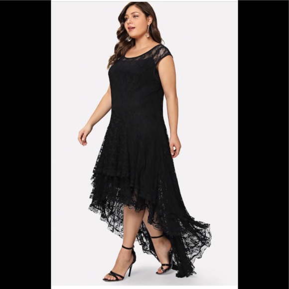 New Black Floral Lace Asymmetrical Dress - Picture 2 of 8